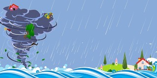 蓝色卡通龙卷风海浪房屋台风防台防汛展板背景台风暴雨防汛